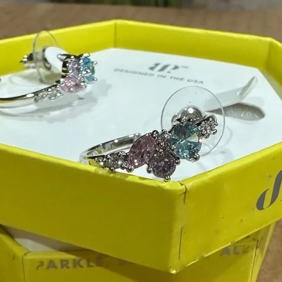 ✨ Bomb Party Rhodium-Plated Sparkle Hoop Earrings – Aquamarine, Lavender Topaz & - Picture 2 of 4